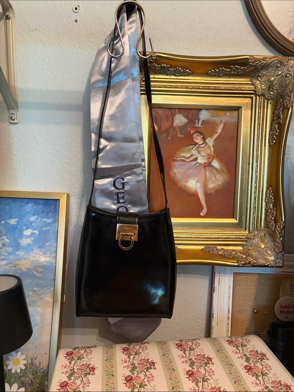 Salvatore Ferragamo Black Patent Shoulder Bag with Gold Hardware